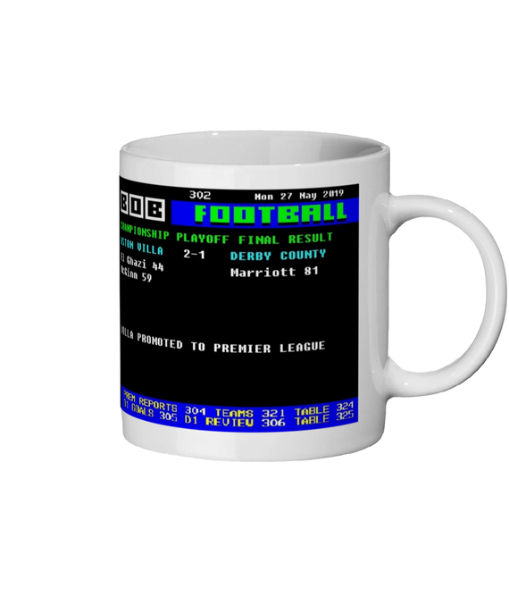 White mug with a digital display of football match on 27th May 2019 results on a black background