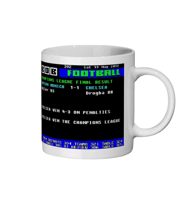 White mug with a digital sports scoreboard Chelsea win the Champions League design on a white background