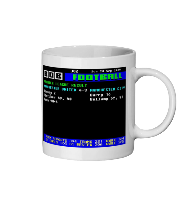 White mug with a retro video game screen design on a white background