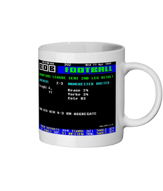 Manchester United v Juventus 1999 Champions League semi-final Ceefax style Page 302 design on white 11oz ceramic mug