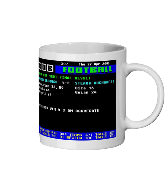 White mug with a ceefax sports scoreboard design on a white background