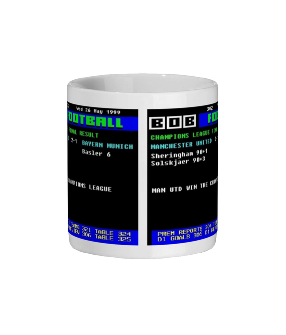 Mug with Manchester United v Bayern Munich champions league final ceefax text design on a white background