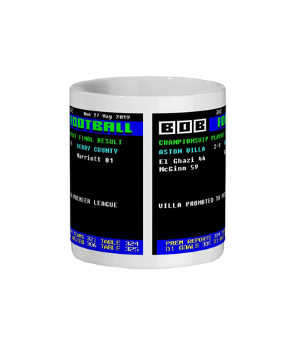 Mug with a Aston Villa 2–1 Derby 2019 Play-Off Final Ceefax scoreboard design on a white background