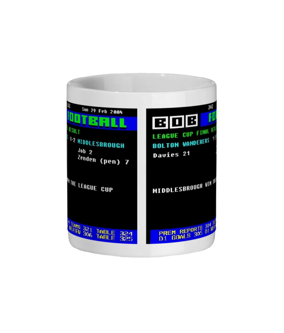 Mug with retro Bolton 1–2 Middlesbrough 2004 League Cup Final CEEFAX design on a white background