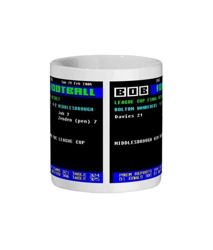 Mug with retro Bolton 1–2 Middlesbrough 2004 League Cup Final CEEFAX design on a white background