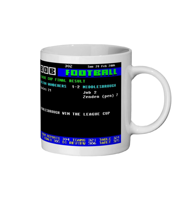 White mug with a retro ceefax football score screen design on a white background