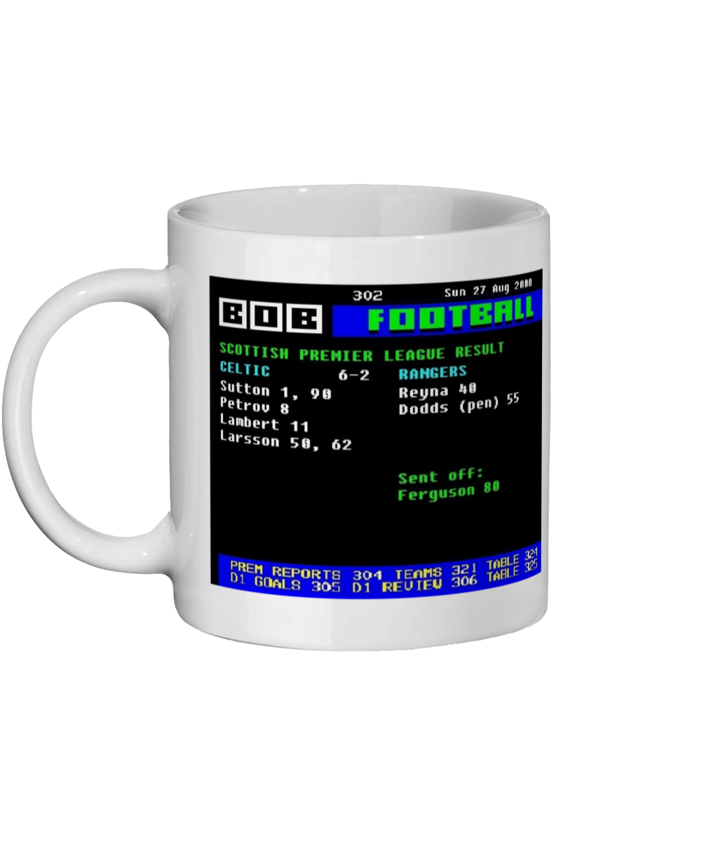 Celebrate Celtic’s famous 6–2 Old Firm win over Rangers in 2000 with this white ceramic 11oz mug featuring a retro Ceefax style Page 302 design.
