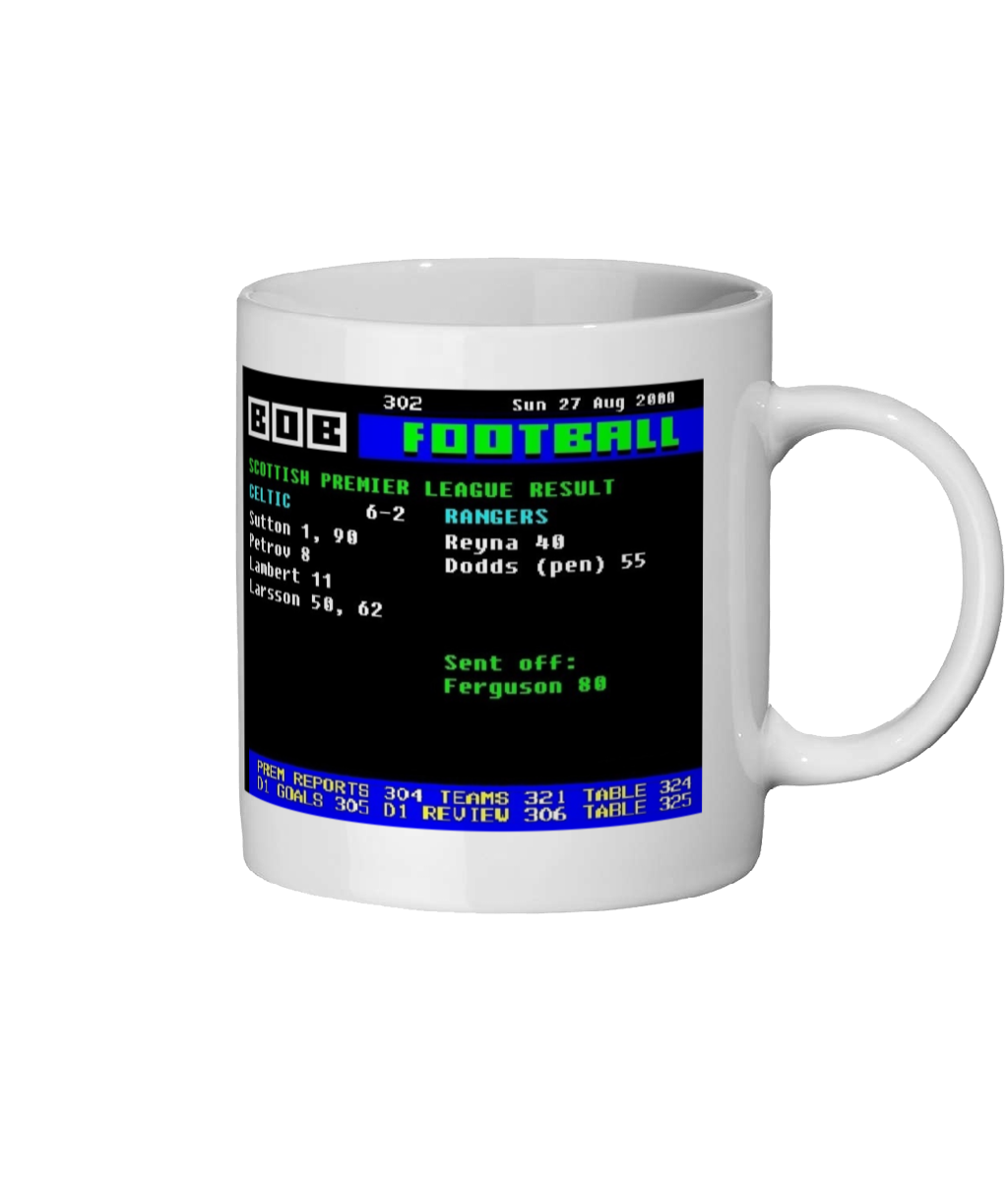 White mug with a retro football score screen design on a white background