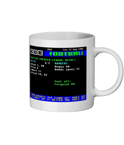White mug with a retro football score screen design on a white background