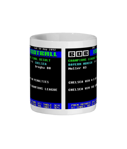 Mug with a design of Chelsea v Bayern 2012 Final Retro Ceefax sytle on a white background