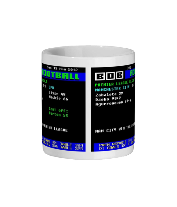 Mug with a sports scoreboard design showing Man City 3–2 QPR 2012 League Title Decider on a white background