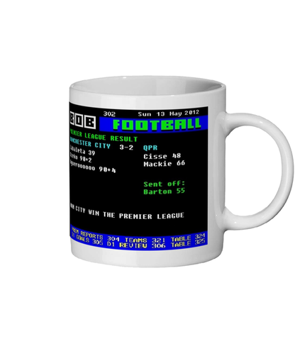 White mug with a digital sports score display design on a white background