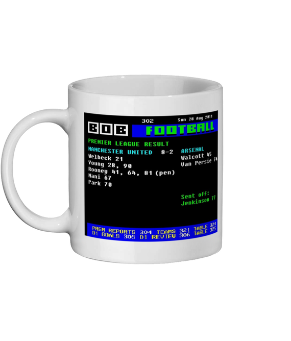 Manchester United 8–2 Arsenal 2011 Ceefax style Page 302 football design on white 11oz ceramic mug