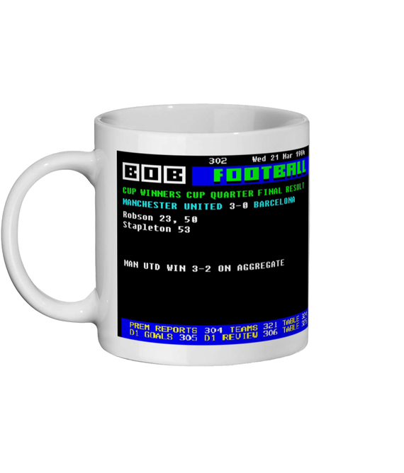 Manchester United v Barcelona 1984 Cup Winners’ Cup quarter-final Ceefax style Page 302 design on white 11oz ceramic mug