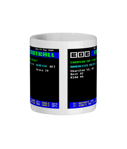 Mug with retro video game screen design of the Manchester United v Benfica 1968 European Cup Final Ceefax style on white 11oz ceramic mugon a white background