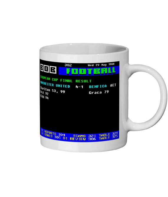 Manchester United v Benfica 1968 European Cup Final Ceefax style Page 302 design on white 11oz ceramic mug