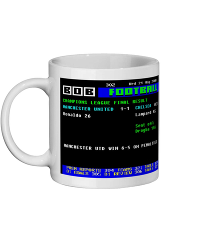 White mug with a digital display design showing Manchester United v Chelsea Champions League Final 2008 Mug in ceefax style on a white background
