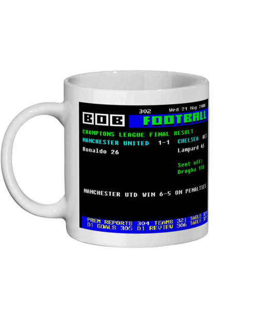 White mug with a digital display design showing Manchester United v Chelsea Champions League Final 2008 Mug in ceefax style on a white background