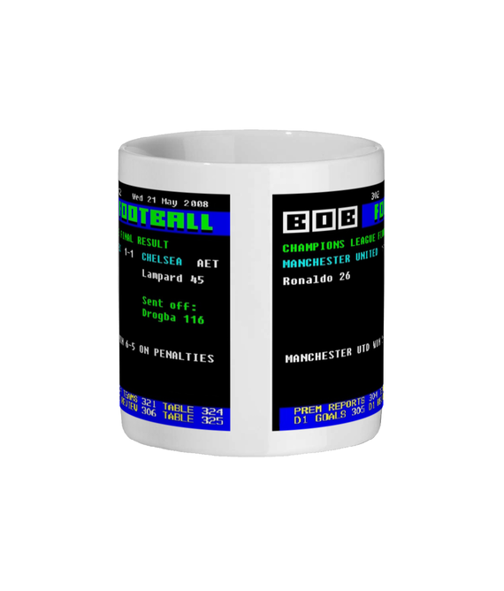 Manchester United v Chelsea Champions League Final 2008 John Terry slip Ceefax style Page 302 design on white 11oz ceramic mug center mockup