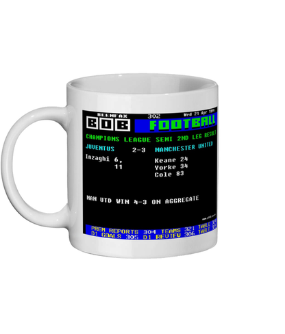 White mug with a retro Ceefax screen design showing Manchester United v Juventus 1999 Semi-Final Mug on a white background