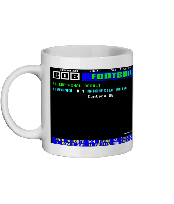 White mug with a retro video game screen design on a white background