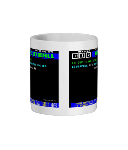 Mug with retro TV screen design featuring the Manchester United v Liverpool 1996 FA Cup Final Ceefax design on white 11oz ceramic mug on a white background