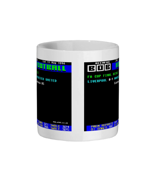 Mug with retro TV screen design featuring the Manchester United v Liverpool 1996 FA Cup Final Ceefax design on white 11oz ceramic mug on a white background