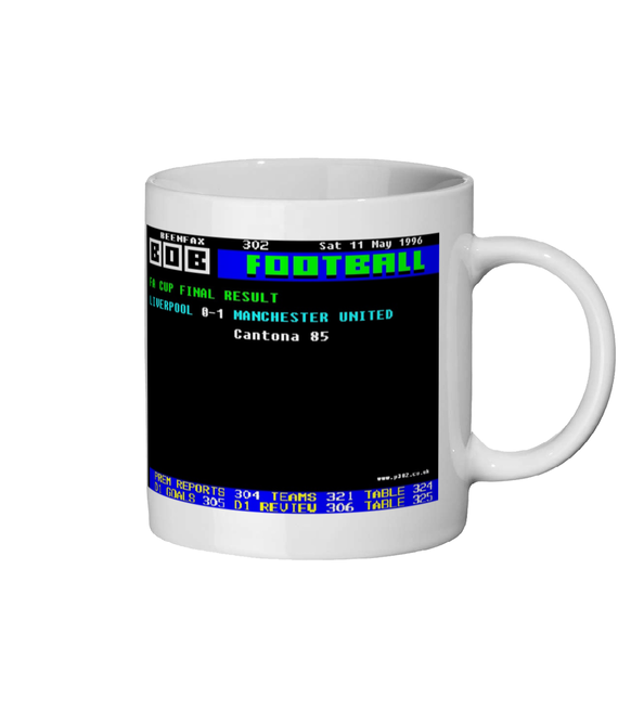 Manchester United v Liverpool 1996 FA Cup Final Ceefax style design on white 11oz ceramic mug