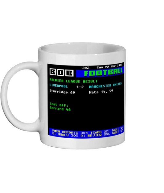 White mug with a digital display of United v Liverpool 2015 Ceefax Style  on a white background