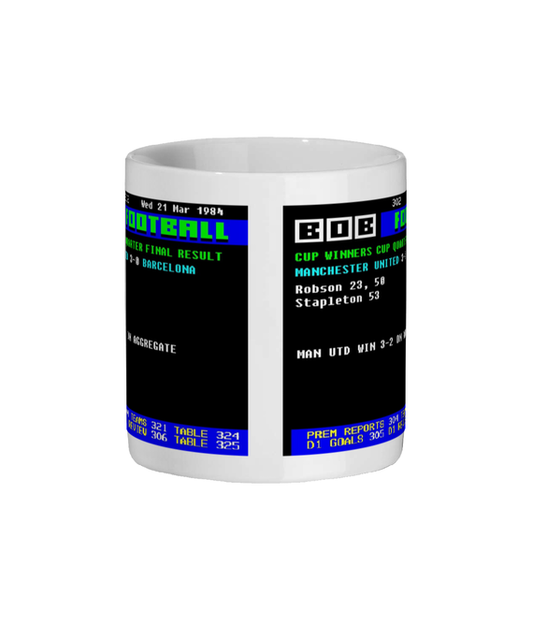 Mug with retro computer screen design showing Manchester United v Barcelona 1984 Cup Winners’ Cup quarter-final in Ceefax style on a white background