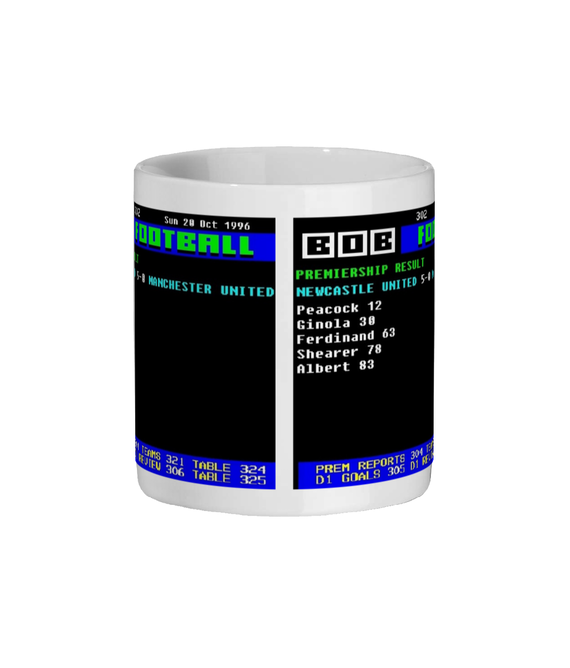 Mug with retro Newcastle 5–0 Manchester United 1995 ceefax display on a white background
