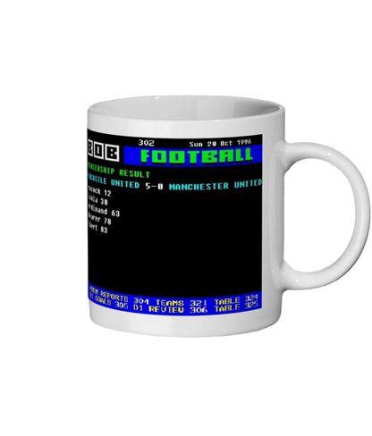 White mug with a retro ceefax screen design on a white background