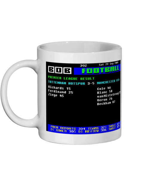 Tottenham 3–5 Manchester United 2001 Ceefax style Page 302 football design on white 11oz ceramic mug