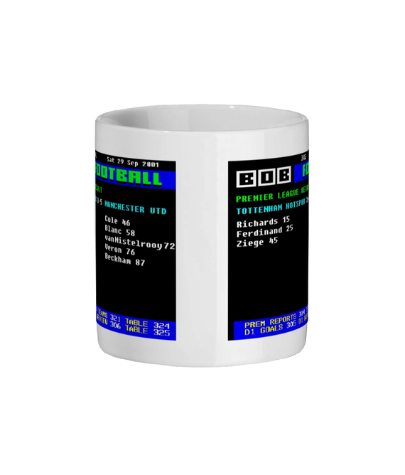 White mug with retro Tottenham 3–5 Manchester United 2001 Mug design on a white background