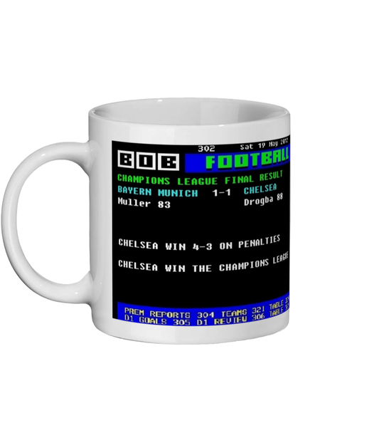 Chelsea v Bayern Munich 2012 Champions League Final Ceefax style Page 302 football design on white 11oz ceramic mug