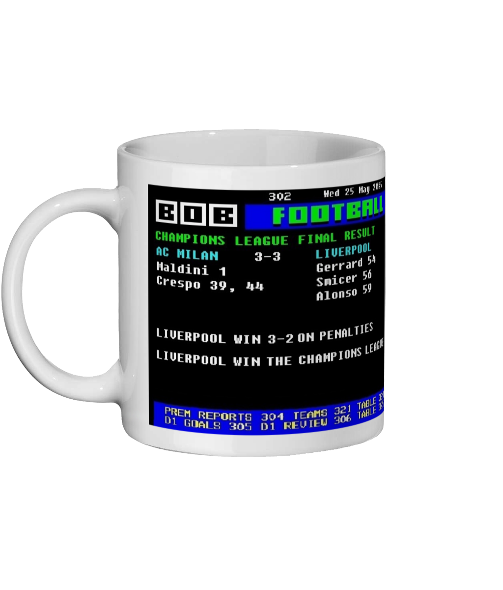 Liverpool 3–3 AC Milan Champions League Final Ceefax Page 302 design on white 11oz ceramic mug Left Side