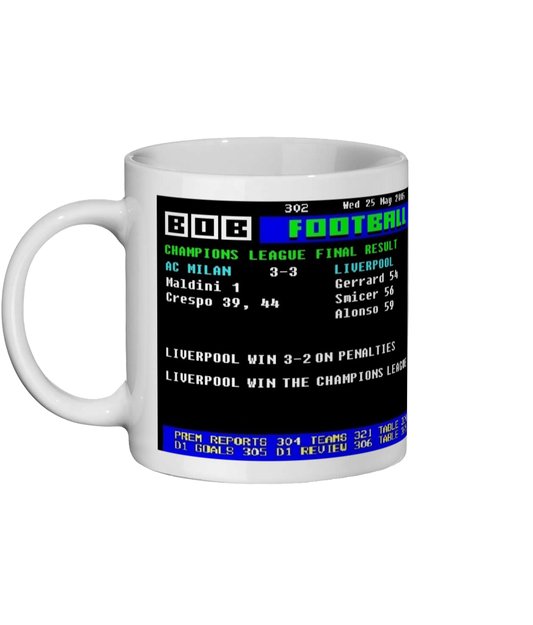 Liverpool 3–3 AC Milan Champions League Final Ceefax Page 302 design on white 11oz ceramic mug Left Side
