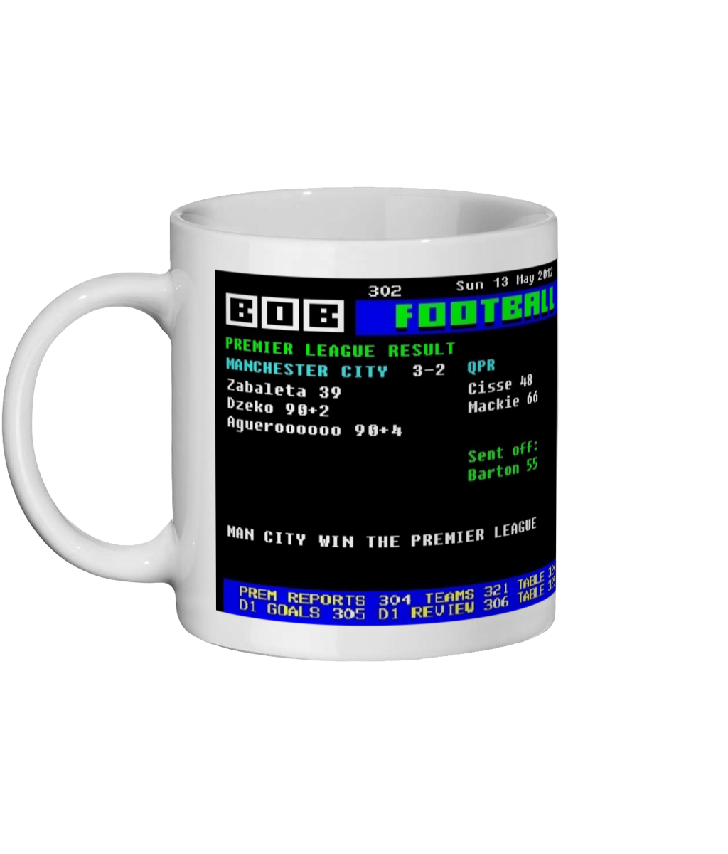 Man City 3–2 QPR 2012 league title decider Ceefax style Page 302 football design on white 11oz ceramic mug