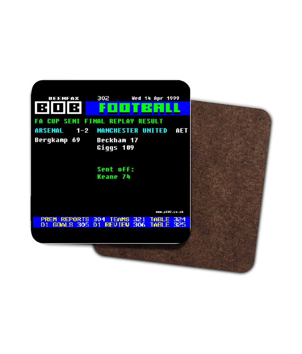 MUFC v Arsenal 1999 FA Cup semi-final Ceefax style Page 302 football design square coaster with hardboard backing