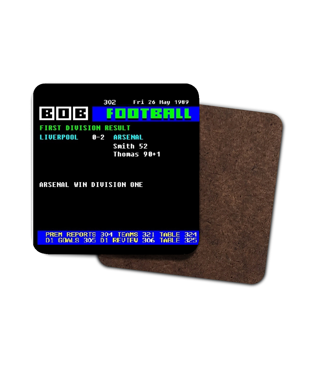 Liverpool v Arsenal 1989 league decider Ceefax style Page 302 football design 9cm square coaster with hardboard backing