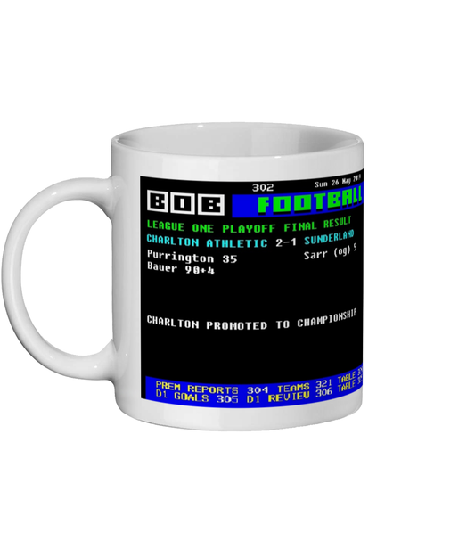 Charlton v Sunderland 2019 League One Play-Off Final Ceefax style Page 302 football design on white 11oz ceramic mug