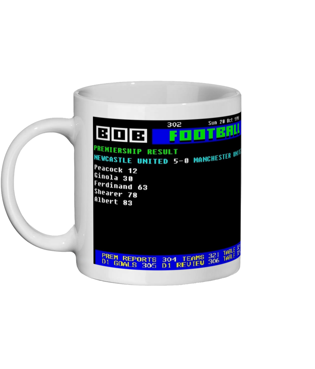 Newcastle 5–0 Manchester United 1995 Ceefax style Page 302 football design on white 11oz ceramic mug