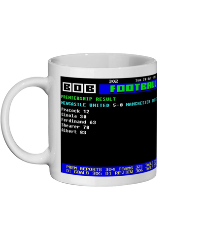 Newcastle 5–0 Manchester United 1995 Ceefax style Page 302 football design on white 11oz ceramic mug