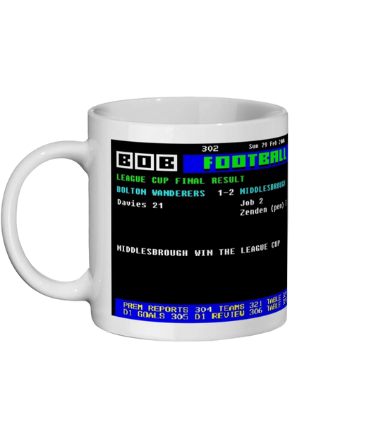 Bolton 1–2 Middlesbrough 2004 League Cup Final Ceefax style Page 302 football design on white 11oz ceramic mug