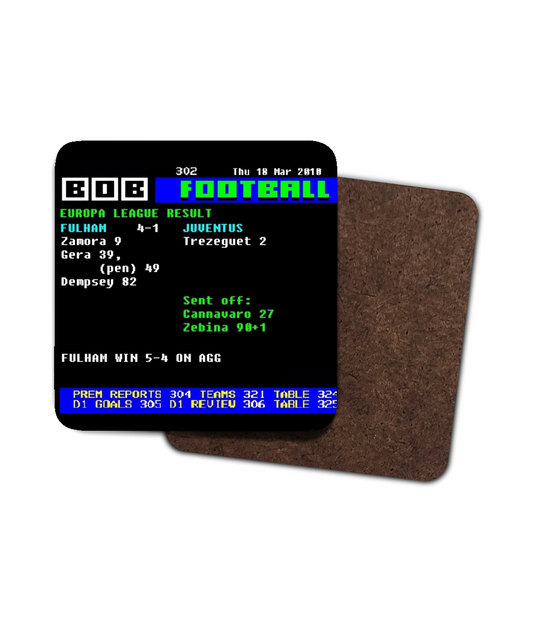 Fulham 4–1 Juventus 2010 Ceefax style Page 302 football design 9cm square coaster with hardboard backing