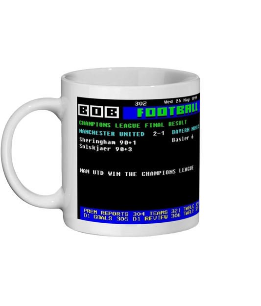 Manchester United v Bayern Munich 1999 Champions League Final Ceefax style Page 302 football design on white 11oz ceramic mug left side